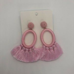 Pink Tassel Oval Winding Rice Beads Earrings